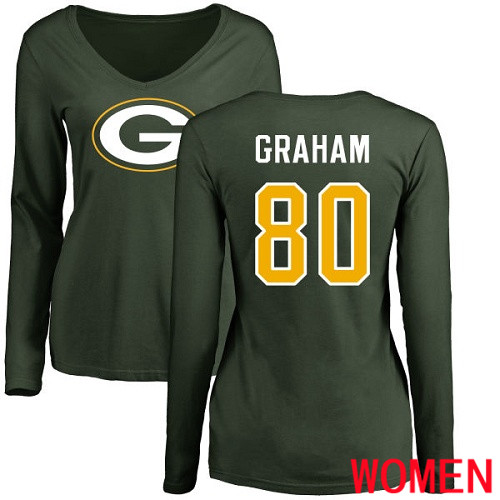 Green Bay Packers Green Women #80 Graham Jimmy Name And Number Logo Nike NFL Long Sleeve T Shirt